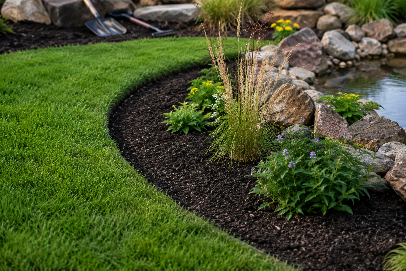 Illustrative close view of a clean lawn edge, planted landscape bed, and pond stonework