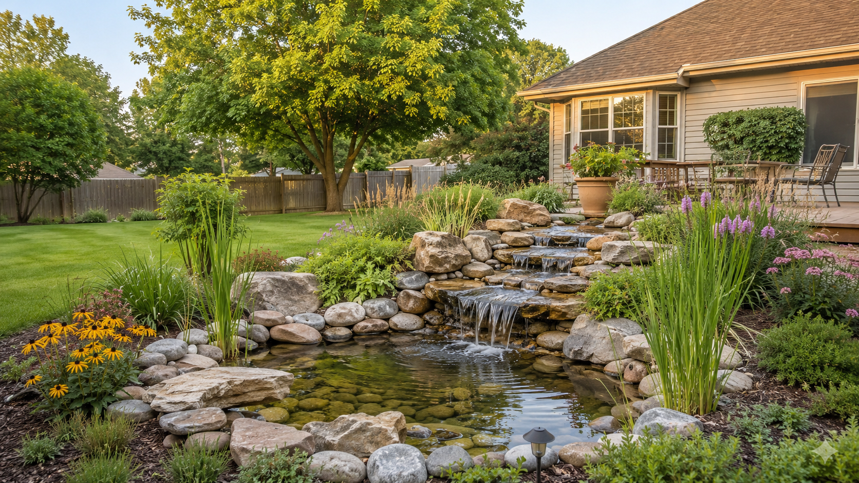 Natural backyard pond and stone waterfall surrounded by landscaping