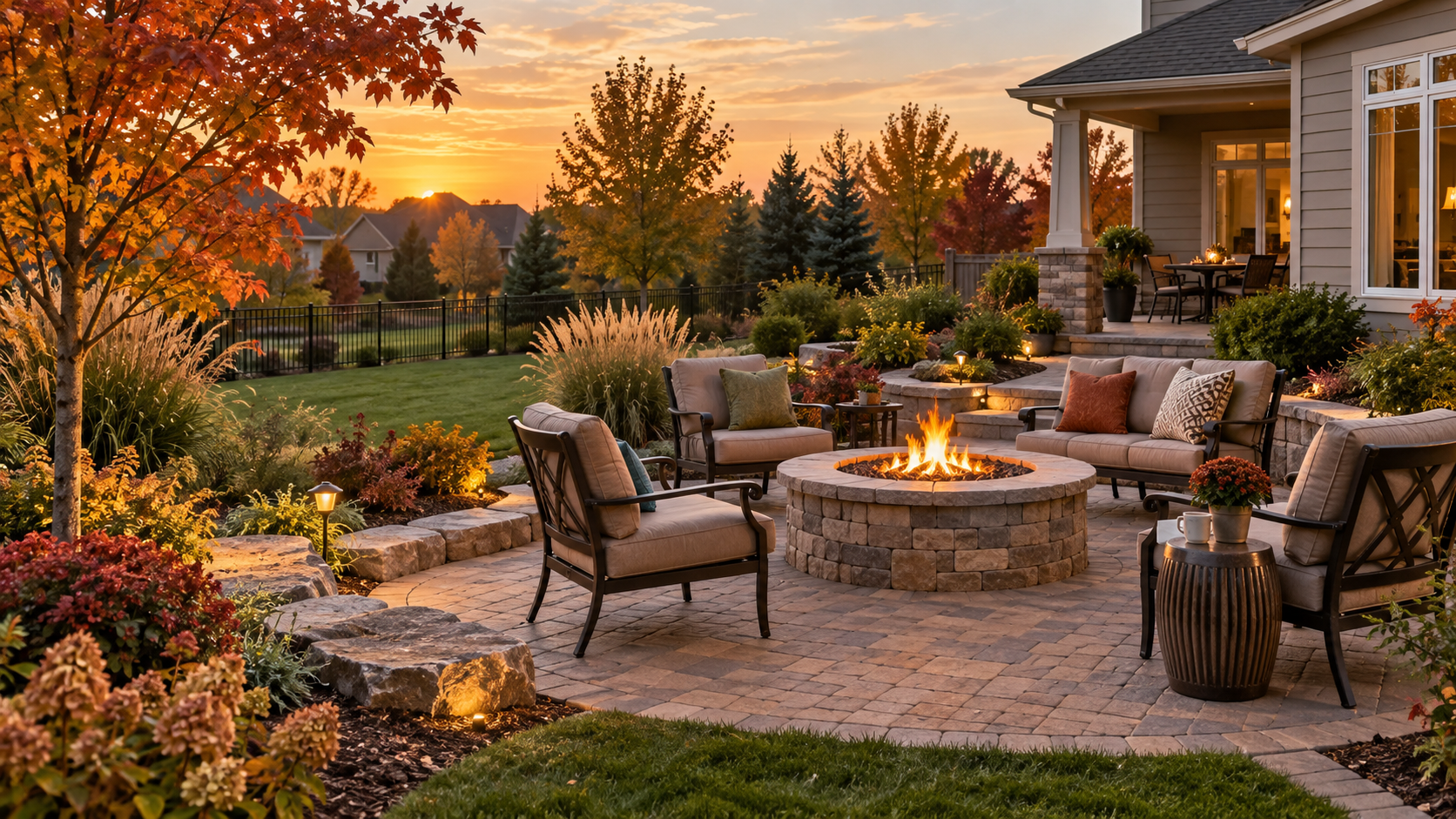 Landscaped backyard patio with a stone firepit in warm fall evening light
