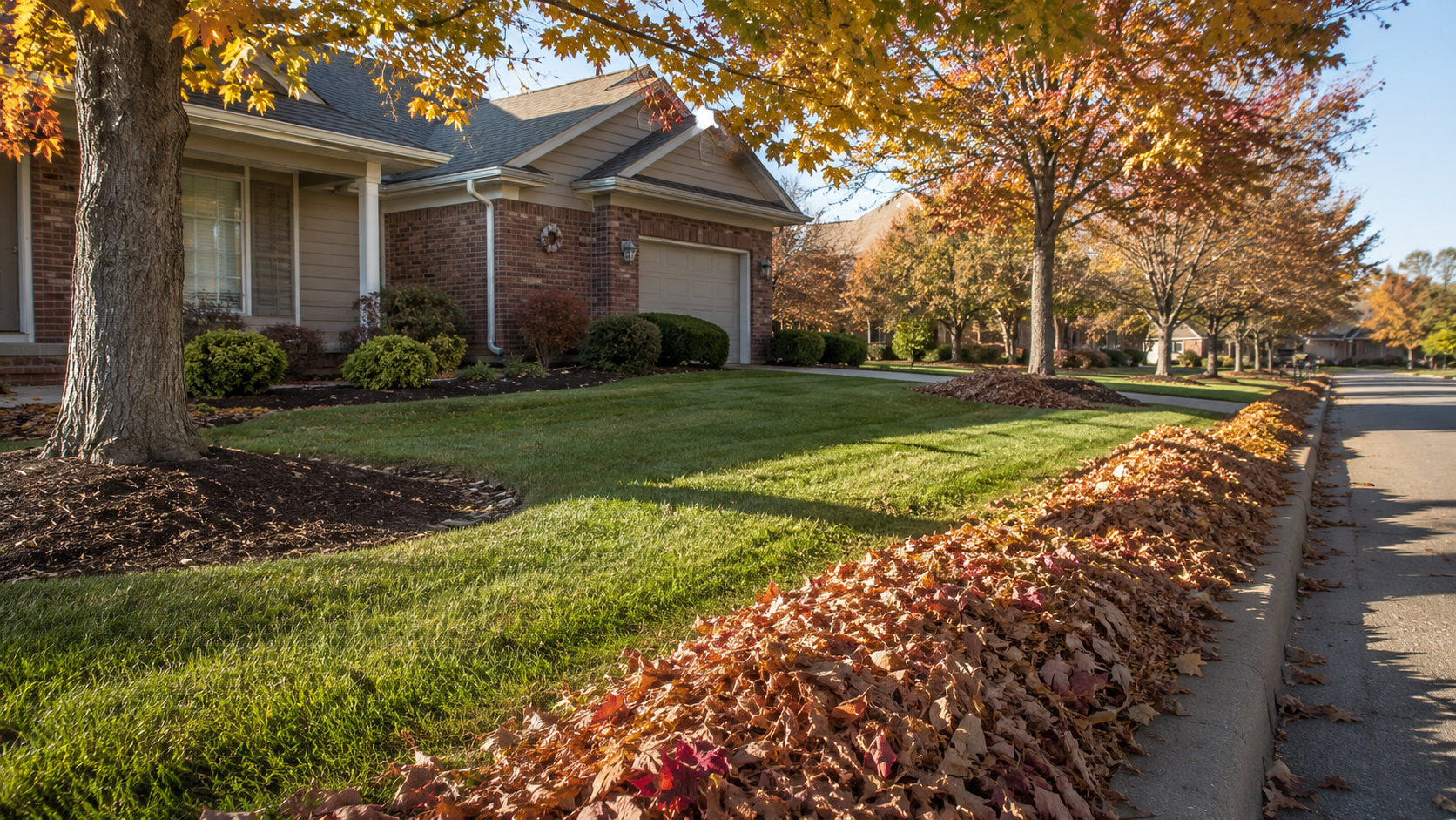 Neat Kansas front yard with gathered autumn leaves and cleaned landscape beds