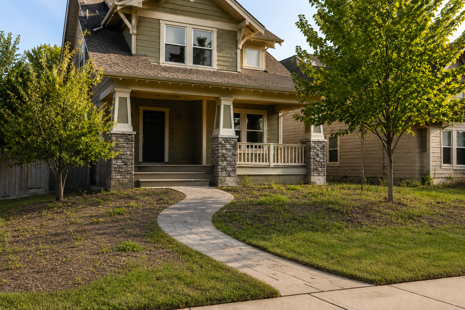 Before inspiration showing a craftsman home with overgrown grass and tired landscaping