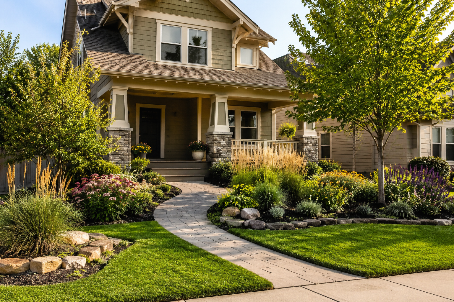 After inspiration showing the same craftsman home with neatly maintained lawn and layered landscaping