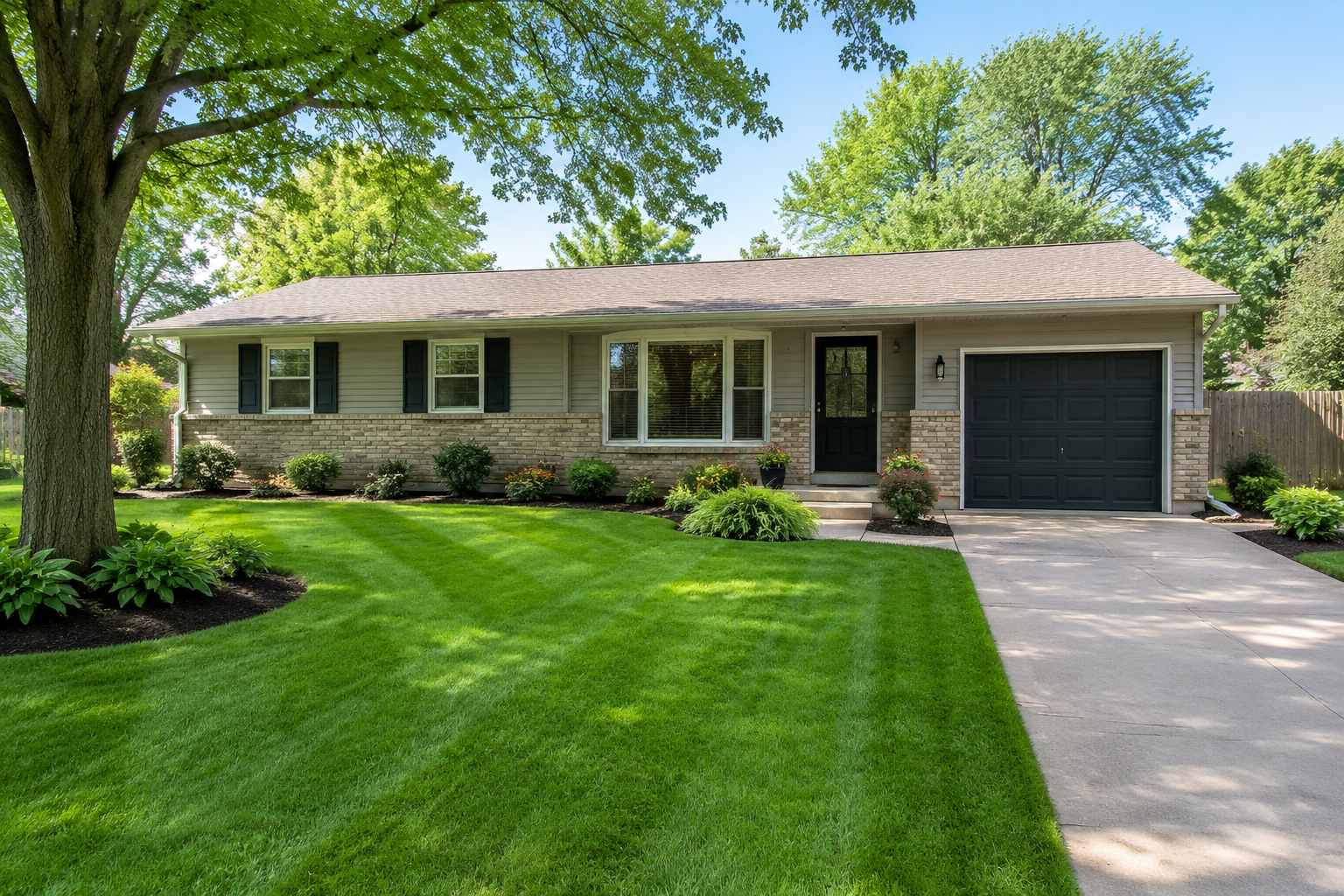After inspiration showing the same ranch home with a healthy lawn, clean edging, and refreshed planting beds
